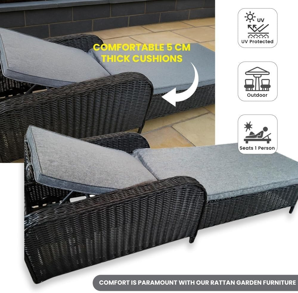 Luxury Outdoor Rattan Sun Lounger with 5cm Cushions, 4 Reclining Positions