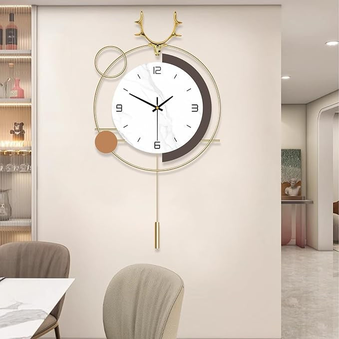 Modern Deer Pendulum Wall Clock 25in Large Silent Quartz Metal Home Decor