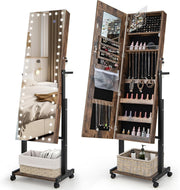 Rustic Brown LED Jewellery Cabinet Lockable Full Length Mirror Mobile