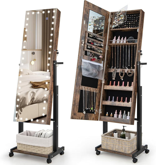Rustic Brown LED Jewellery Cabinet Lockable Full Length Mirror Mobile