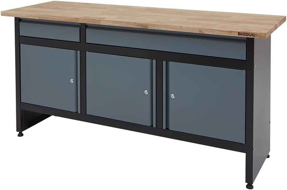 1709mm Garage Workbench 2 Drawers + Triple Cupboard 300kg Solid Wood Top