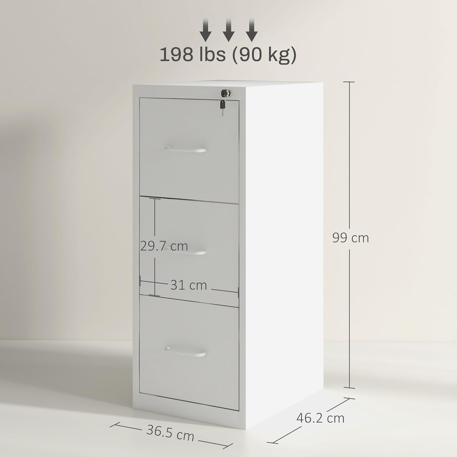 Cream White Steel Filing Cabinet 3 Drawer Lockable 99cm Office