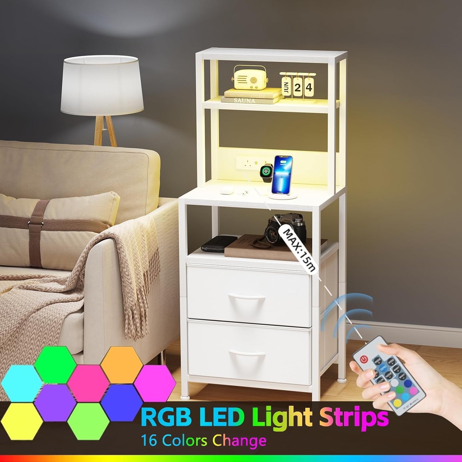 White LED Bedside Table with Charging Ports 2 Drawers Shelf Modern Nightstand