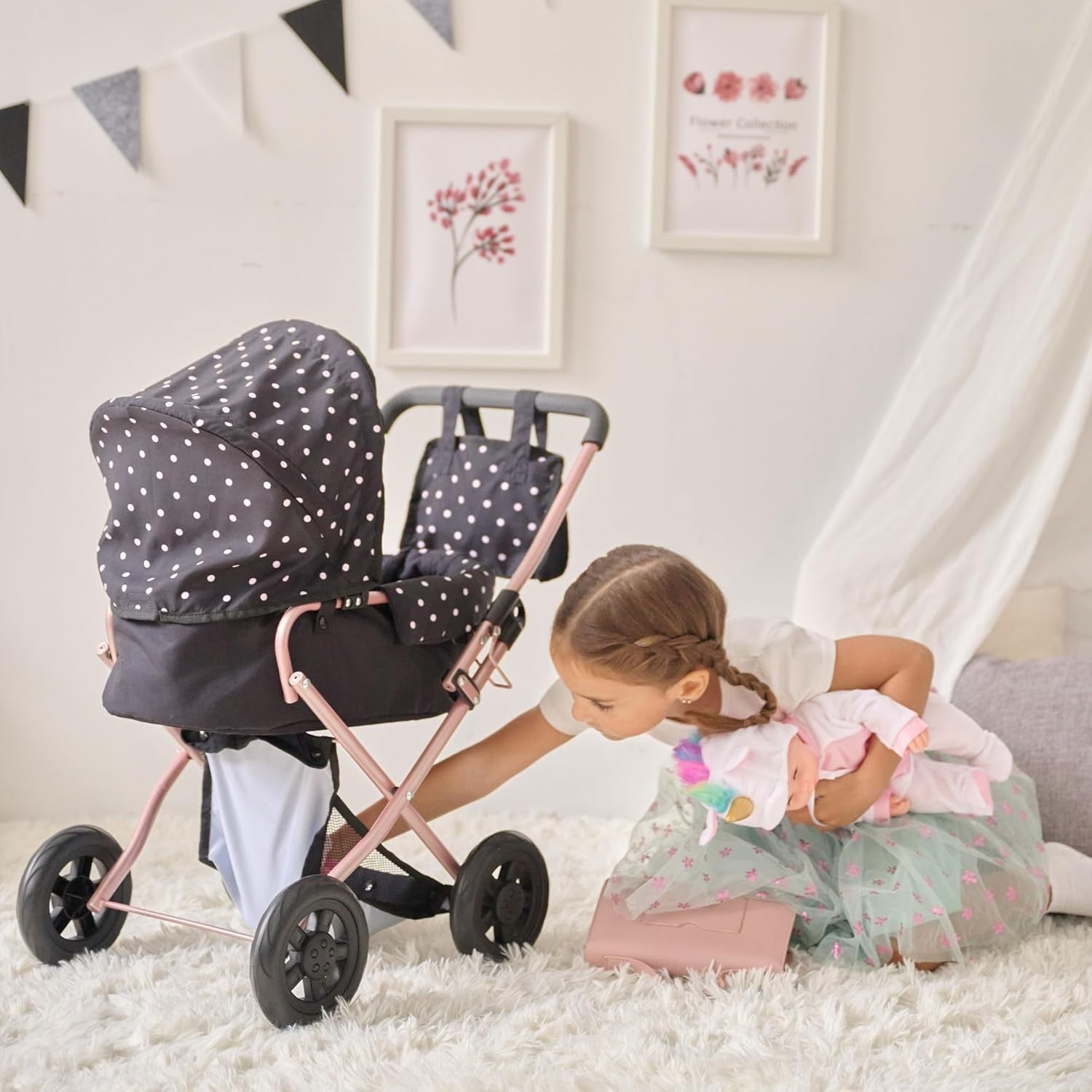 2-in-1 Doll Stroller Removable Bassinet Foldable Canopy Basket Bag
