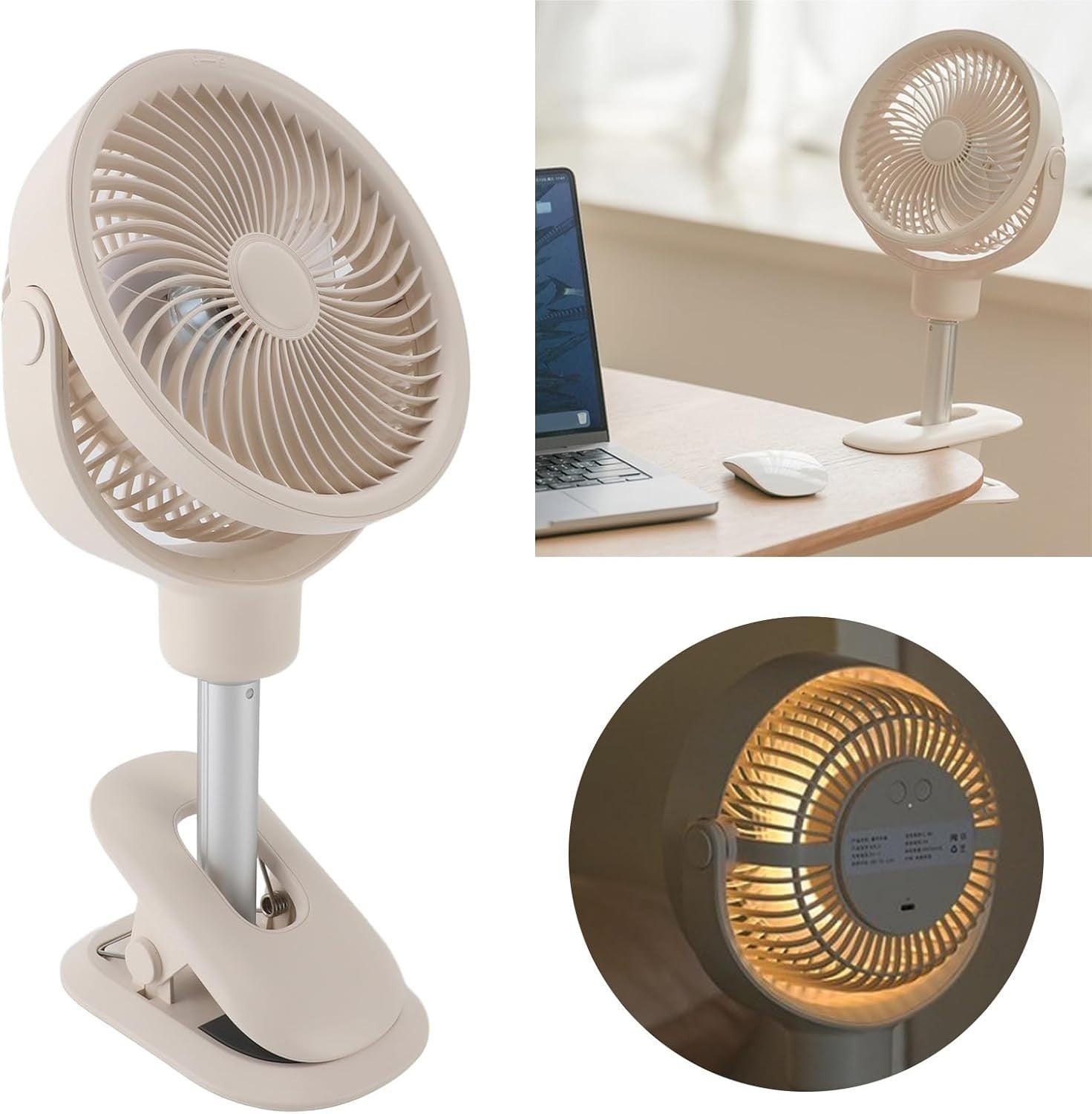 Clip-On Desk & Floor Fan – 4-Speed Telescopic USB Rechargeable with LED Light