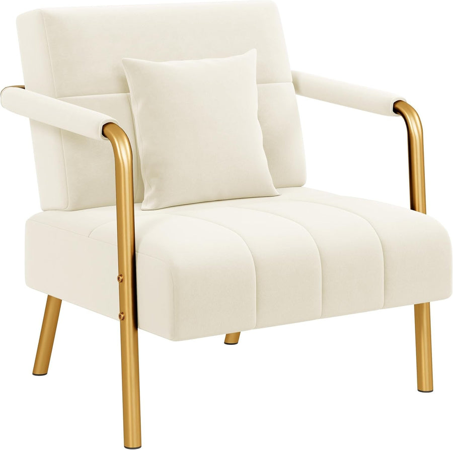 Modern Velvet Accent Armchair – Beige Upholstered Lounge Chair with Gold Legs