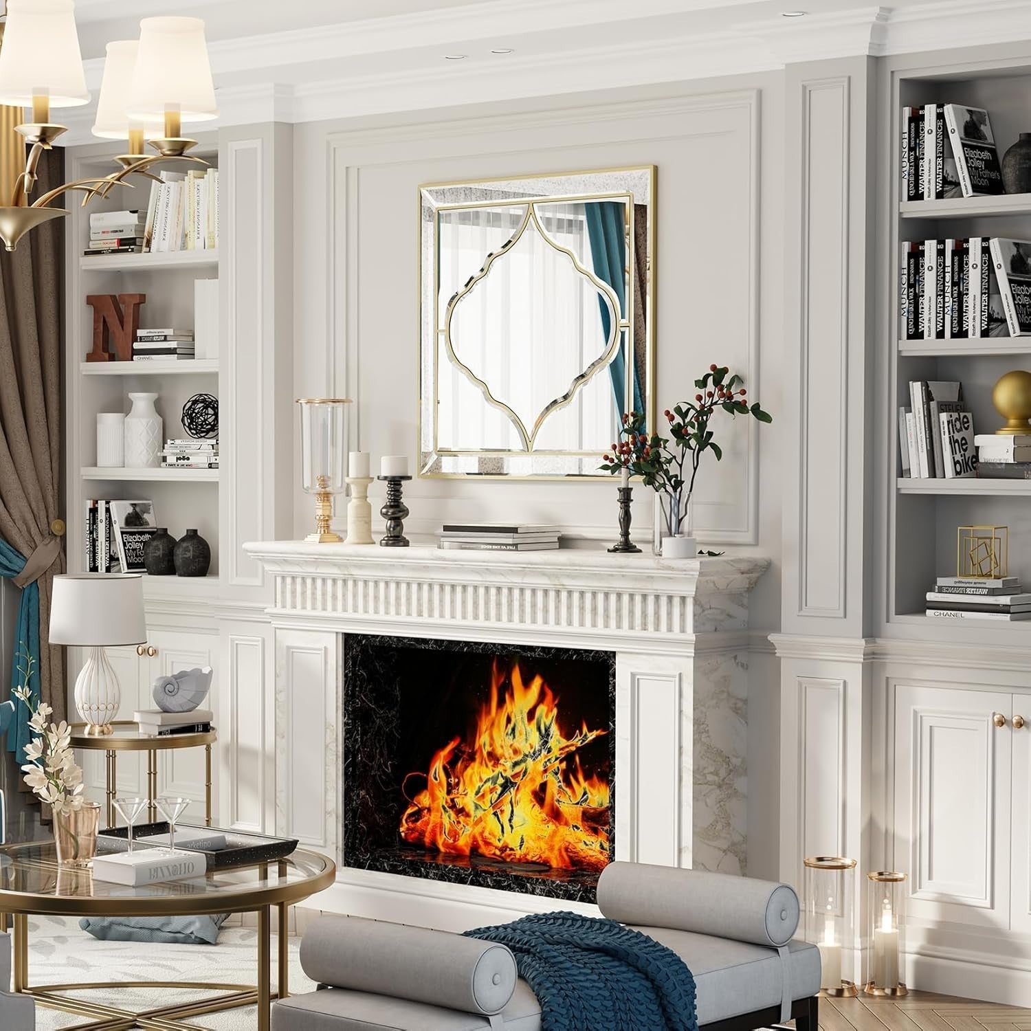 Luxury Gold Wall Mirror 60x60cm Clear Glass Beveled Frame for Hallway