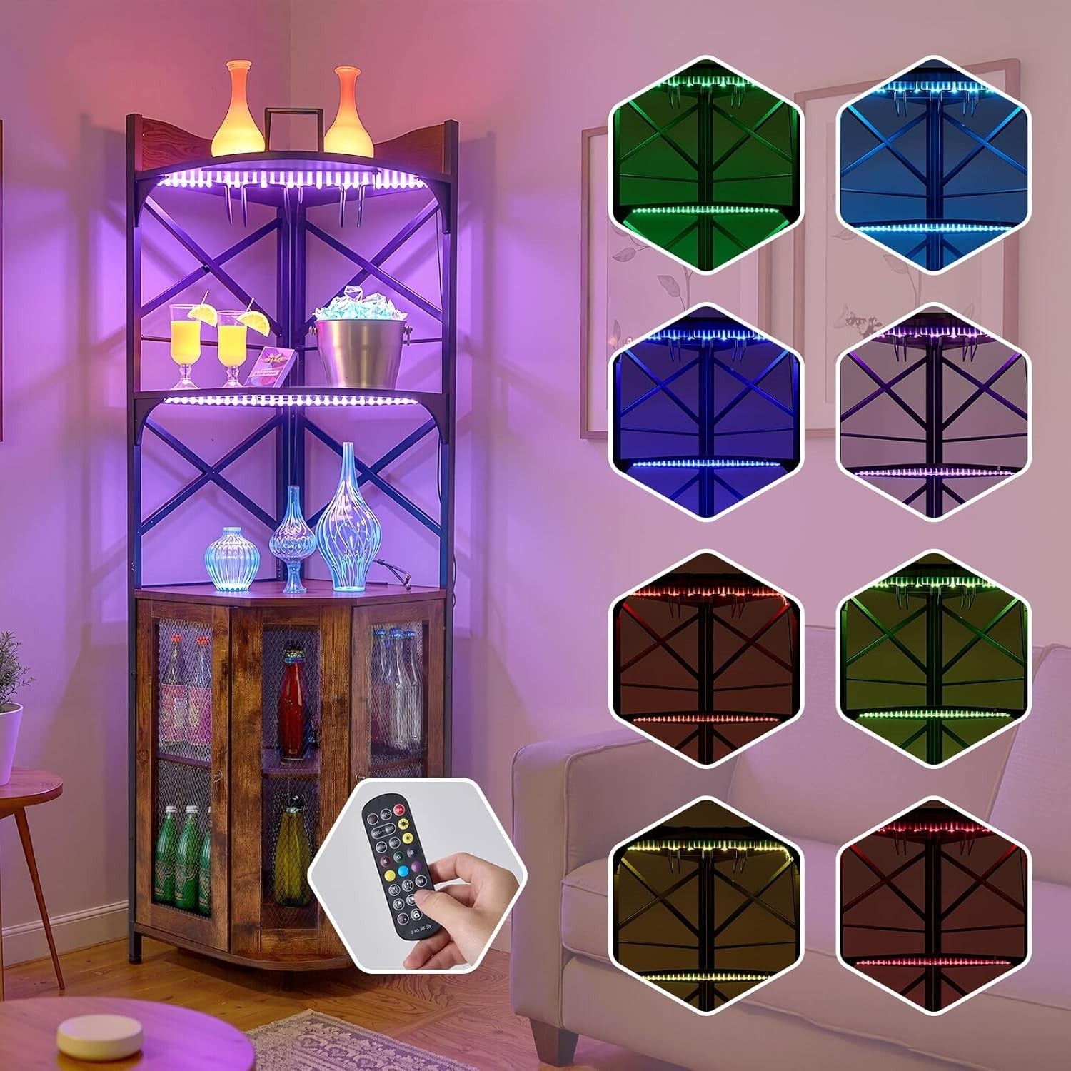 Corner Wine Bar Cabinet with LED Lights, 5-Tier Bottle Rack & Glass Holder