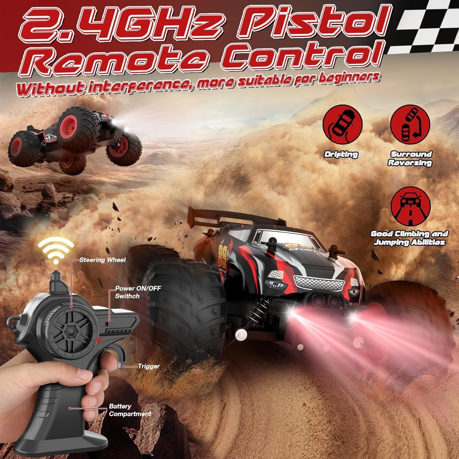 2WD RC Monster Truck 20KM/H 2.4GHz Fast Off-Road Remote Control Car Kids Toy
