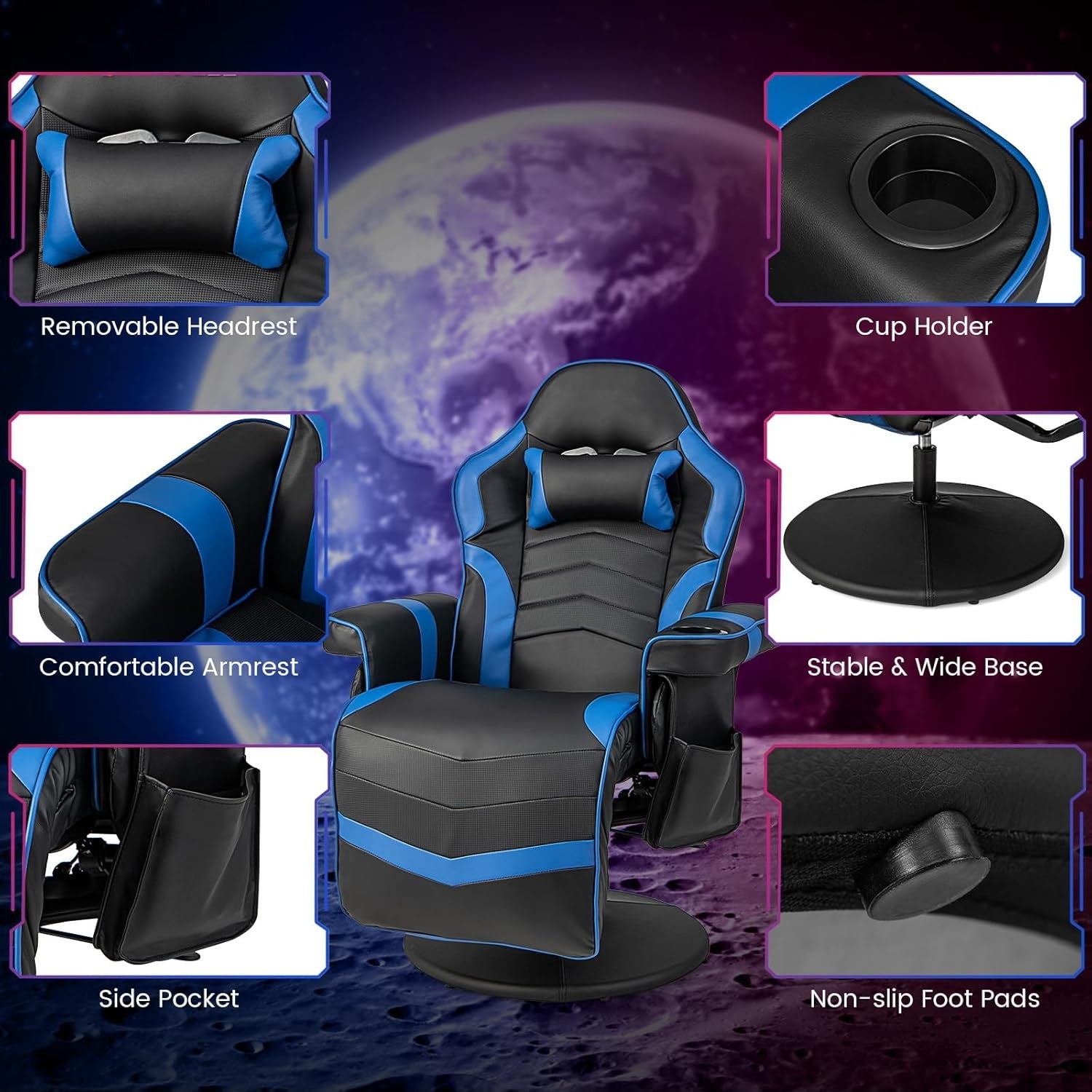 Massage Gaming Chair Recliner w/ Footrest Cup Holder Blue