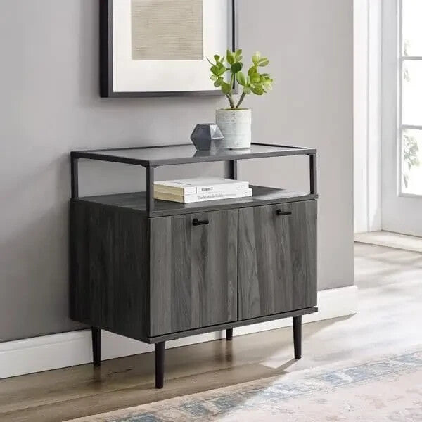 Slate Grey Sideboard Cabinet with Glass Top Shelf & Hidden Storage Unit