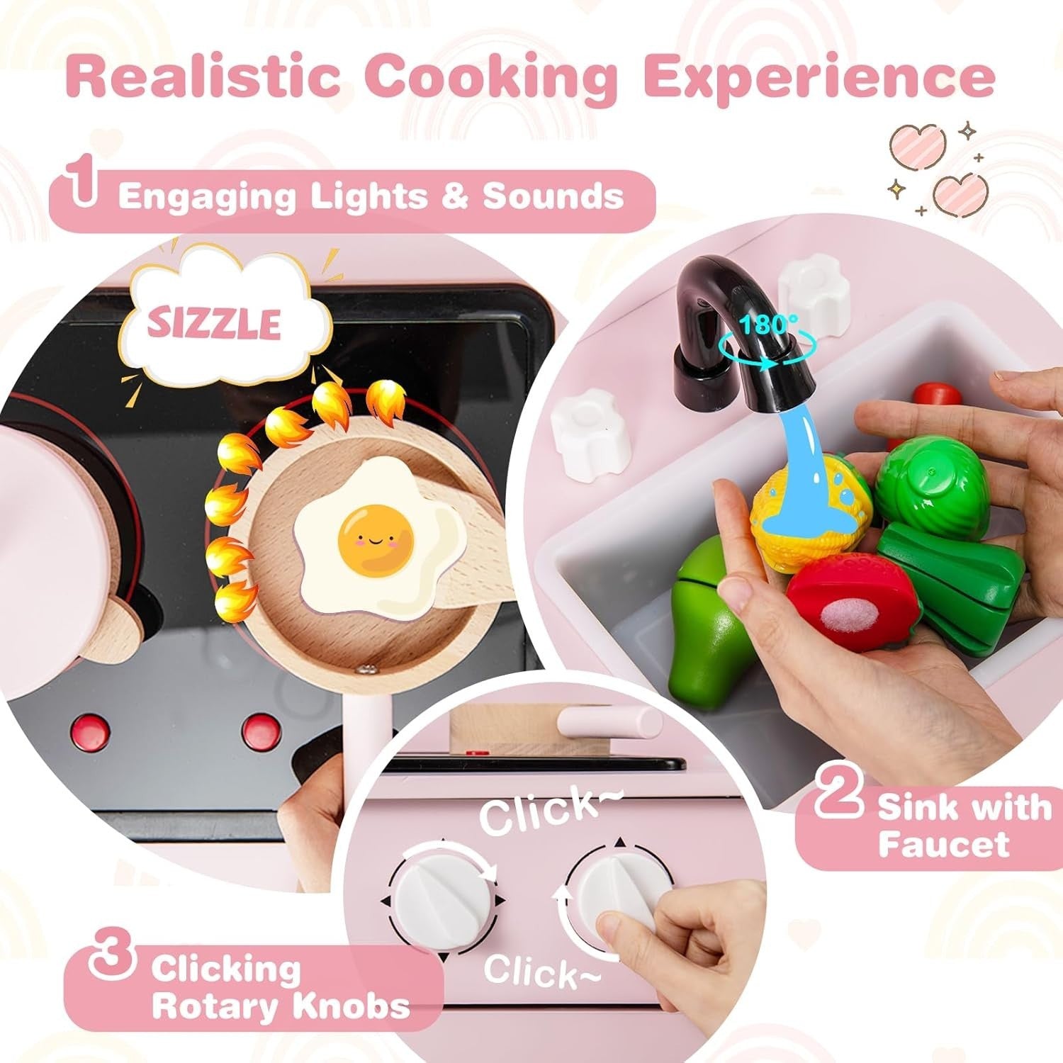 Wooden Kids Play Kitchen Pink Lights Sounds Oven Chef Toy Set