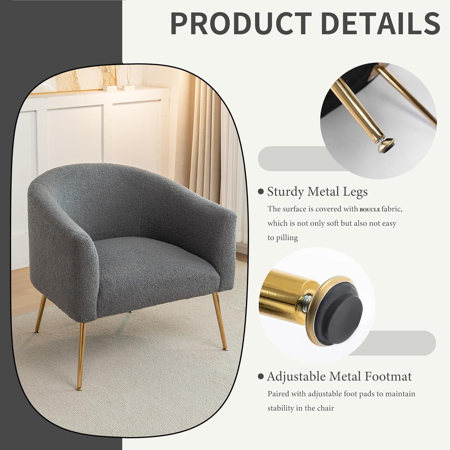 Grey Sherpa Accent Chair Barrel Armchair Gold Legs