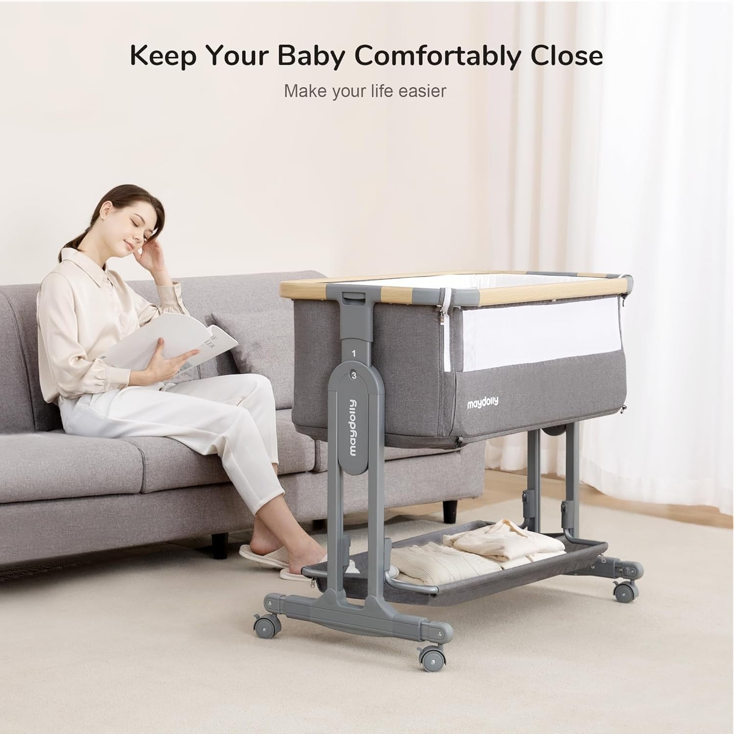 3in1 Baby Rocking Bassinet Bedside Crib Co-Sleeper Cot Breathable Mesh Grey