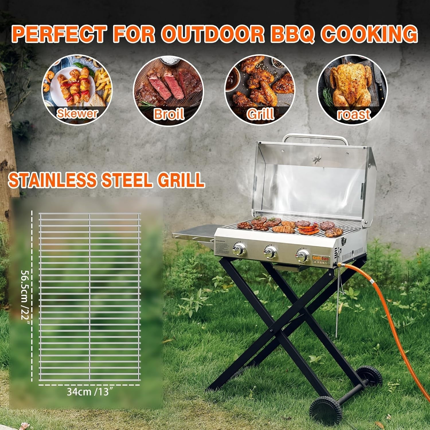 3 Burner Portable Gas BBQ Grill with Lid & Thermometer | Folding Trolley