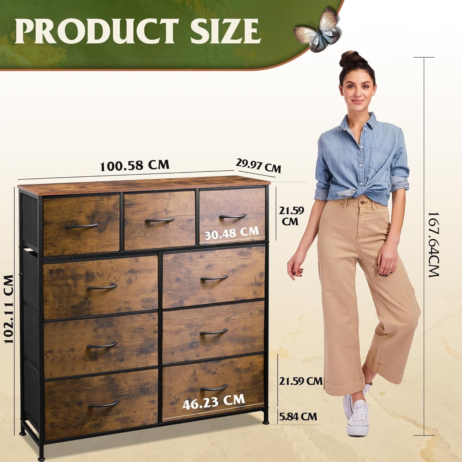 9 Drawer Fabric Storage Chest Wood Top Steel Frame Rustic Brown Organizer