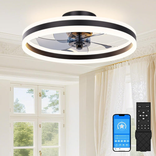 40cm Ceiling Fan Light, 6 Speeds, Dimmable LED, Reversible, Quiet Black Fan