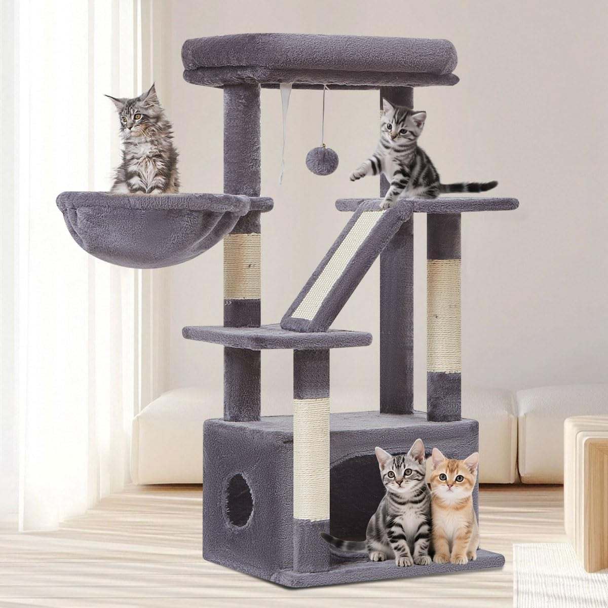 98cm Cat Tower Indoor Scratching Post with Condo Hammock & Perch