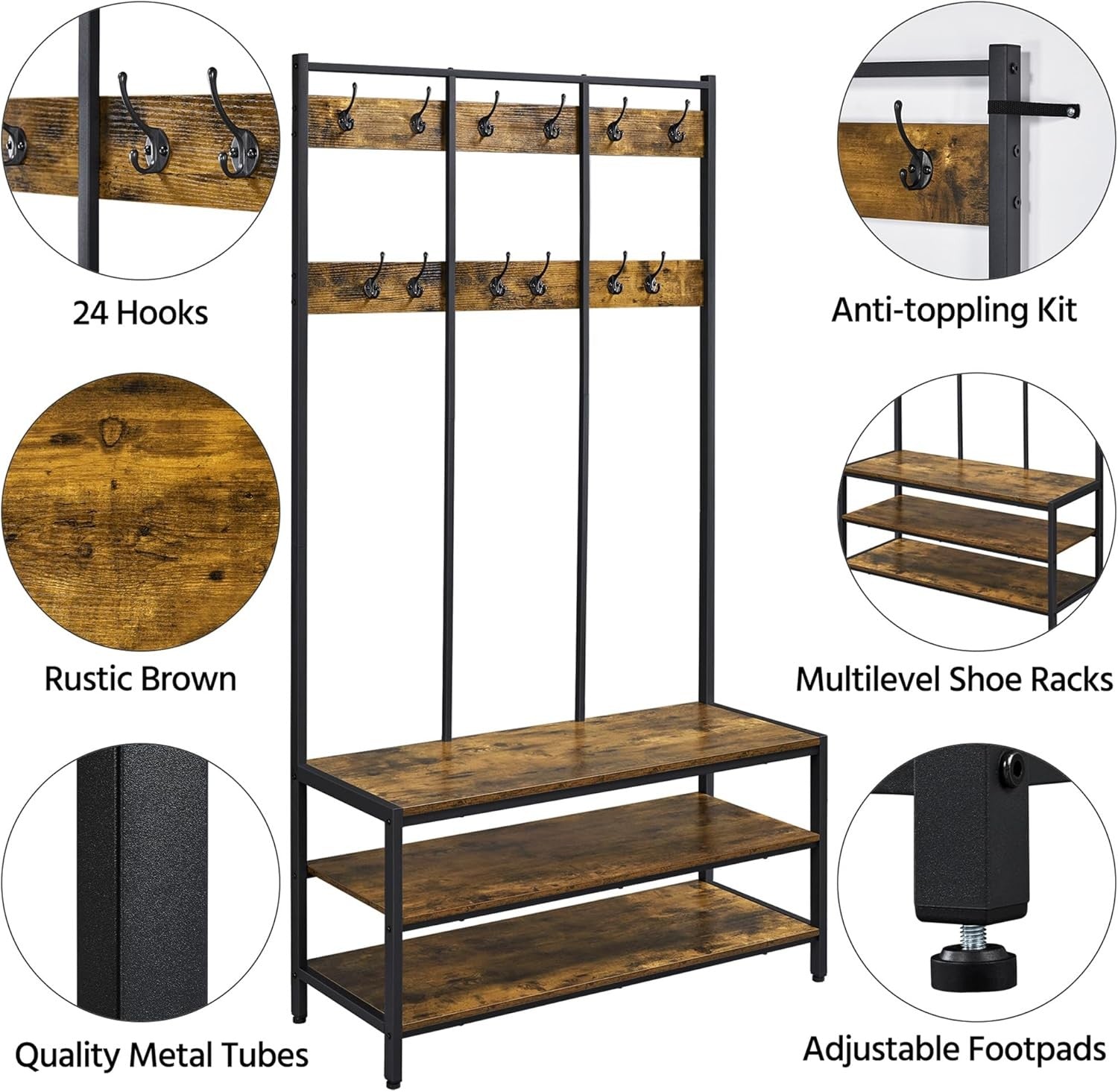 Rustic Brown Hall Tree with 24 Hooks & Shoe Bench Metal Coat Rack Stand