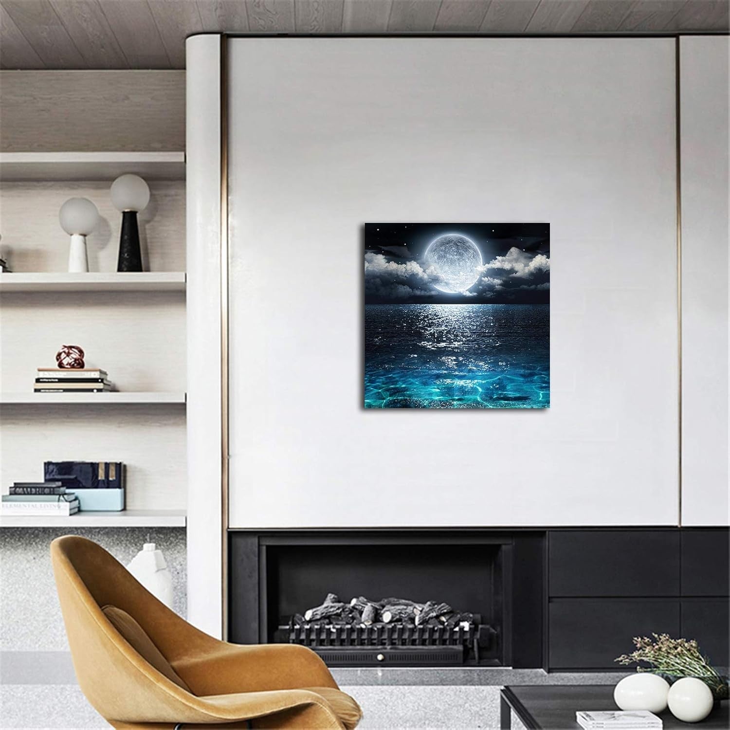 Moon Ocean Canvas Wall Art 12x12 Night Seascape Blue Framed Bedroom Decor