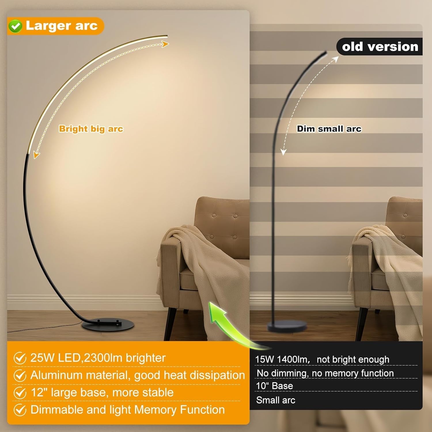 Arc Floor Lamp LED Dimmable 3 Colour Temps Remote Timer Modern Reading