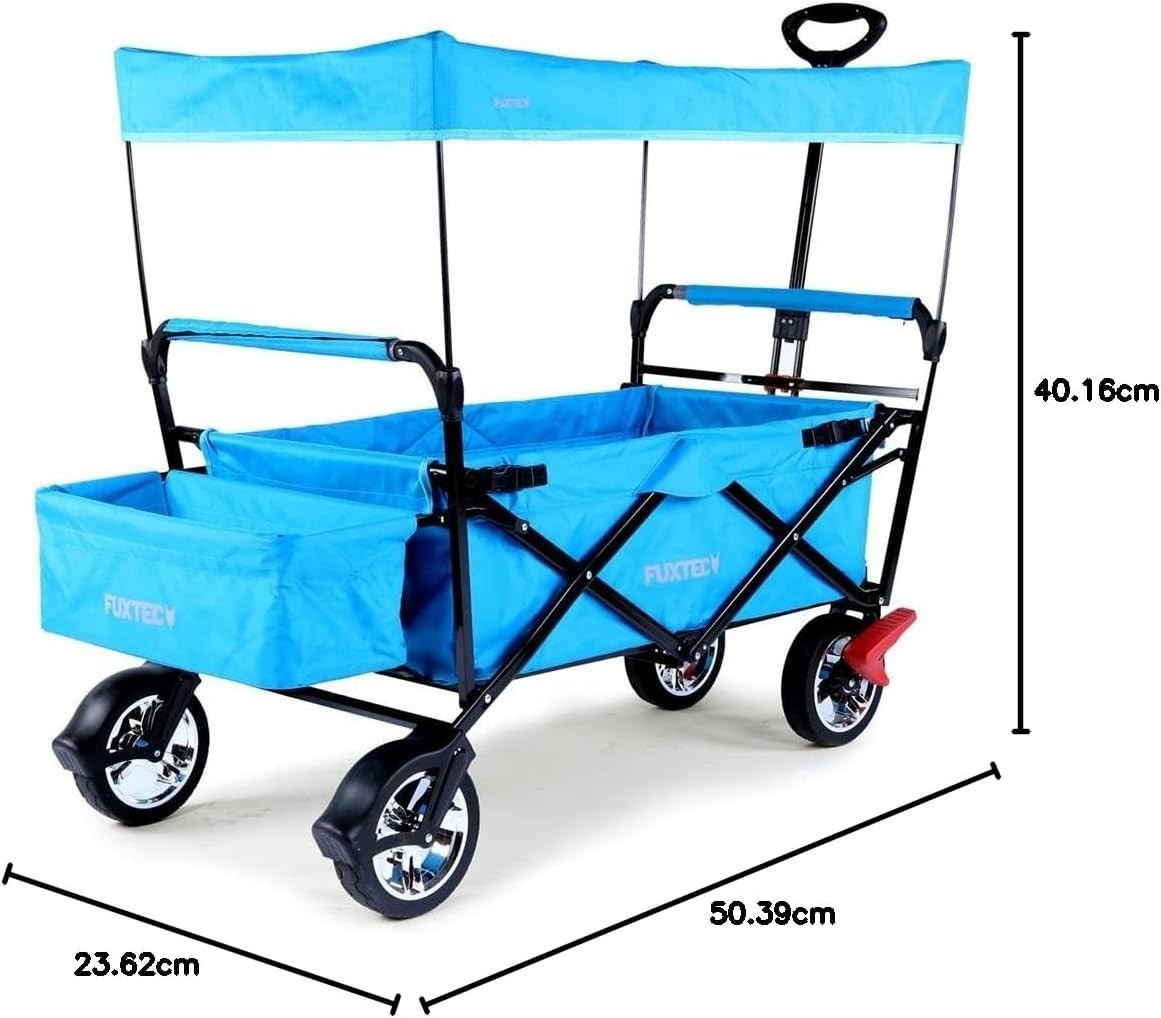 Blue Kids Folding Wagon Push Pull Stroller Cart w/ Canopy & Storage Bag