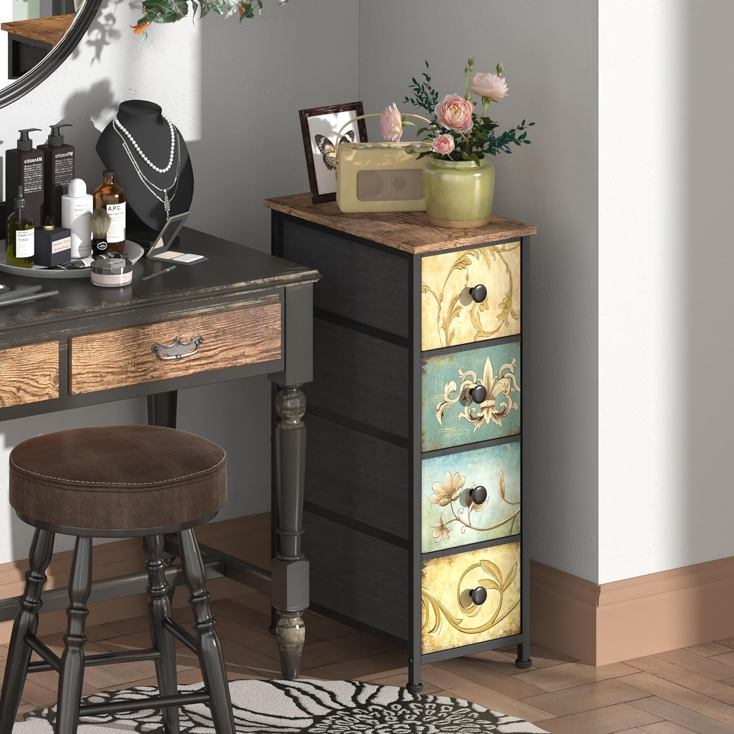 Slim Tall 4 Drawer Rustic Storage Cabinet Unit for Hallway Bedroom