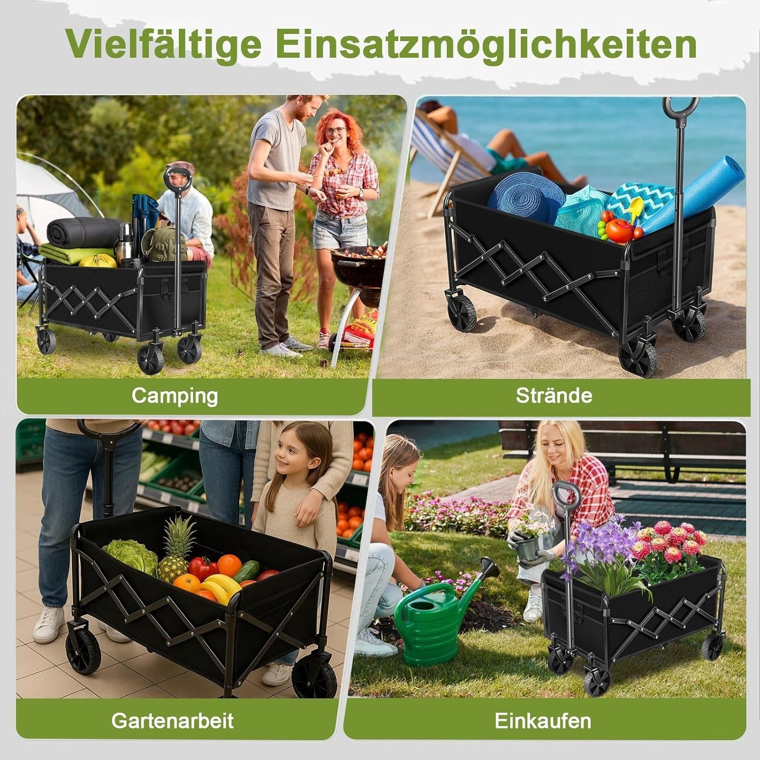 Black 120L Folding Festival Wagon 360° All-Terrain Wheels 160kg Camping Trolley