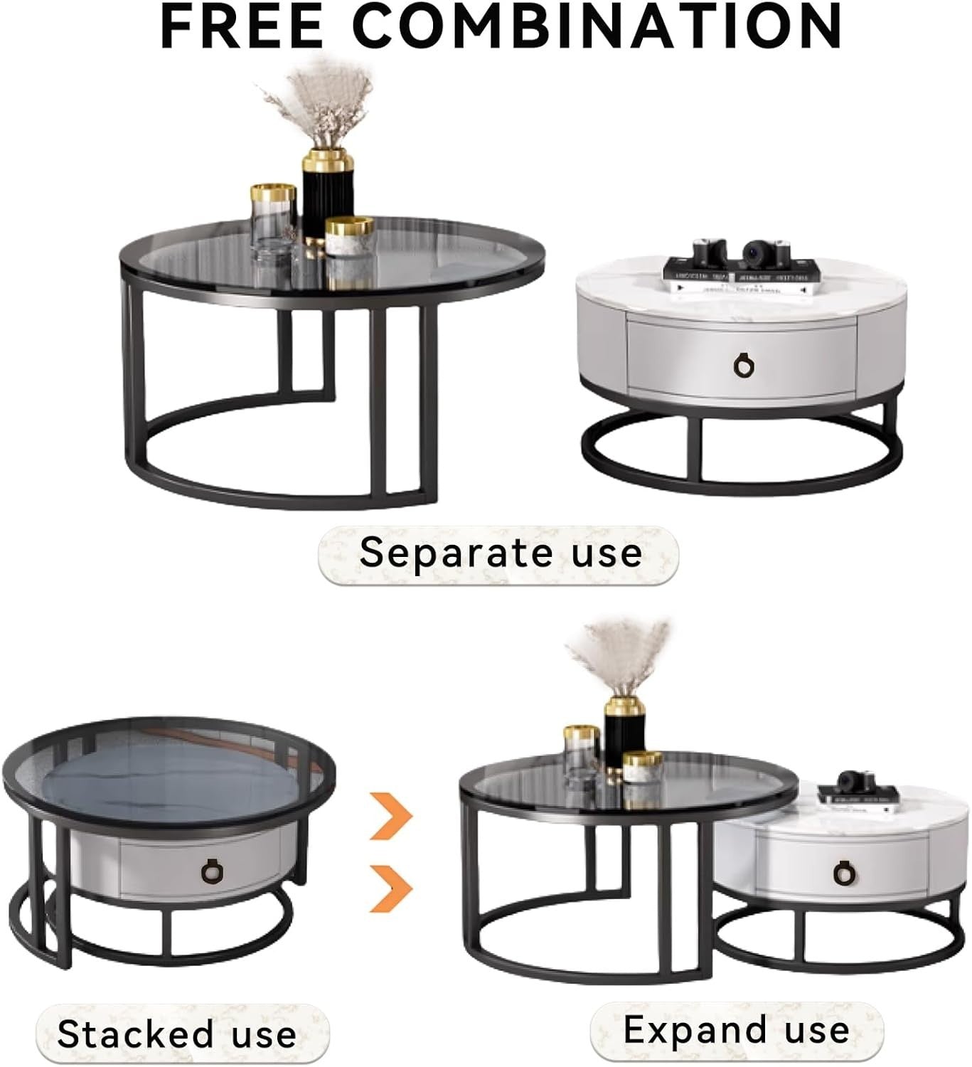 Luxury 2-in-1 Nesting Coffee Table Set with Drawer, Marble & Glass Top, Space