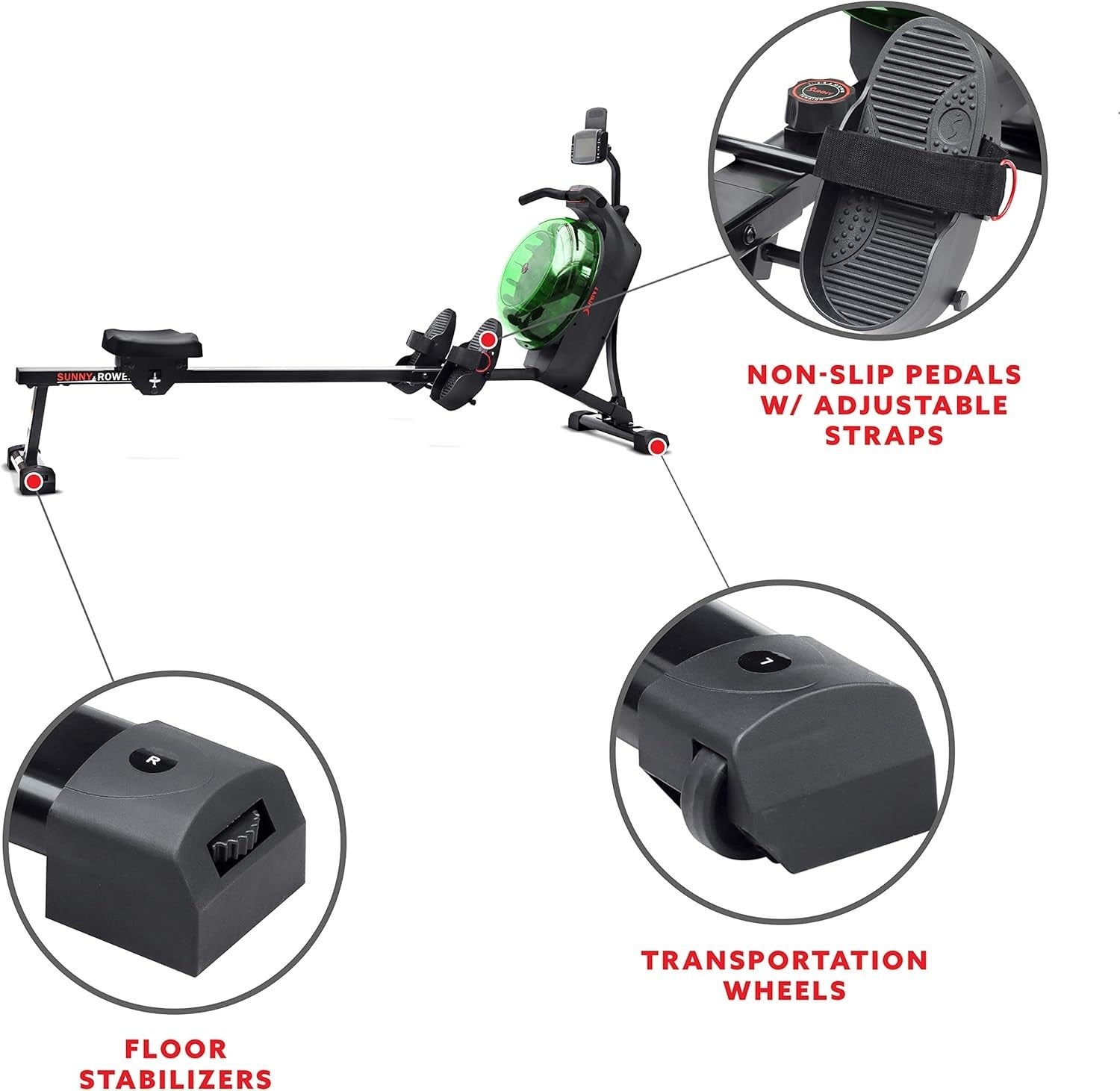Dual Magnetic Water Rowing Machine Smart LCD App Long Rail Green Rower 120KG