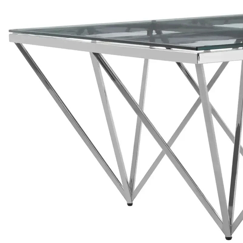 Modern Glass Coffee Table with Silver Prismatic Base – Art Deco Design