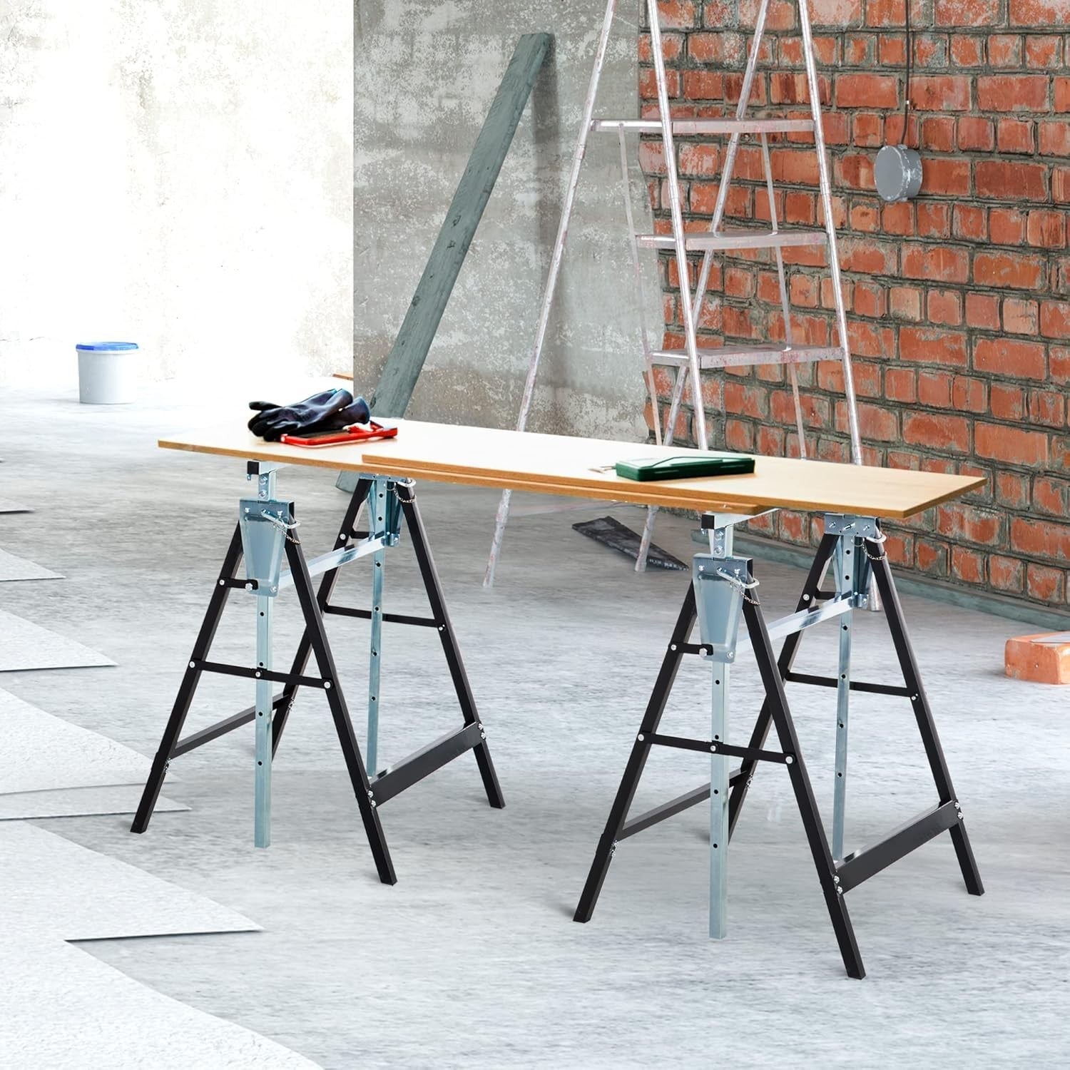 2x Adjustable Telescopic Sawhorse Folding Steel Trestle Work Bench 80–130cm