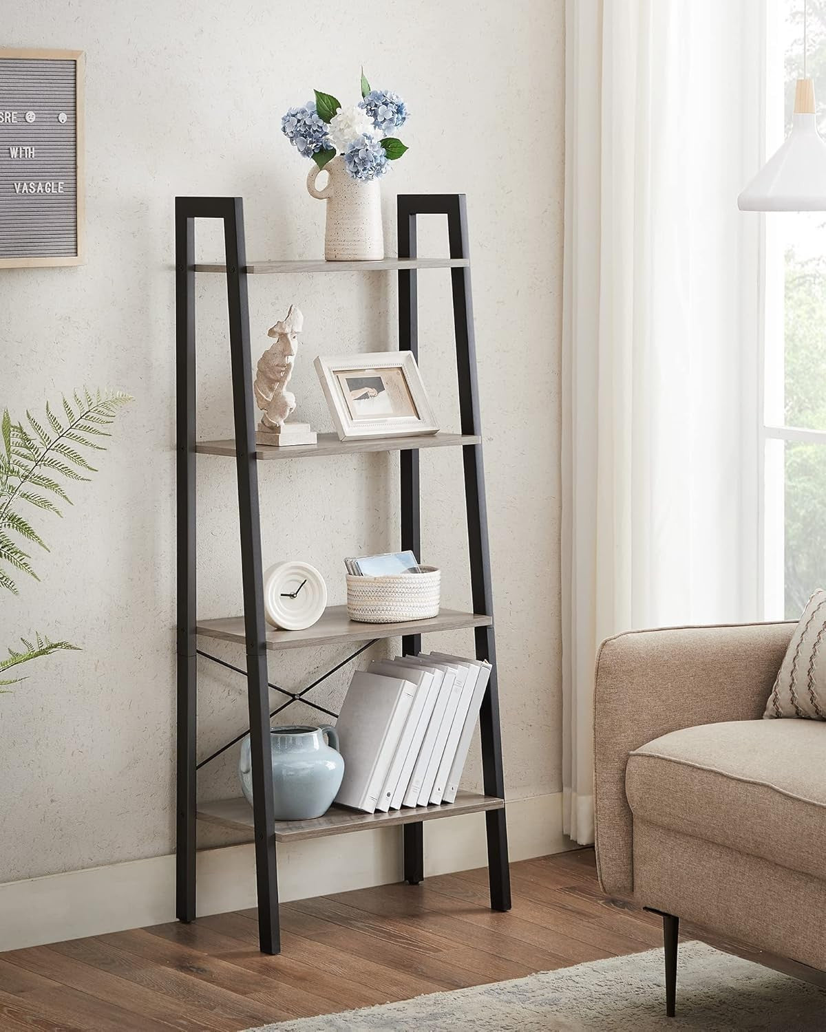 4-Tier Industrial Ladder Shelf Storage Rack Adjustable Steel Frame Bookshelf