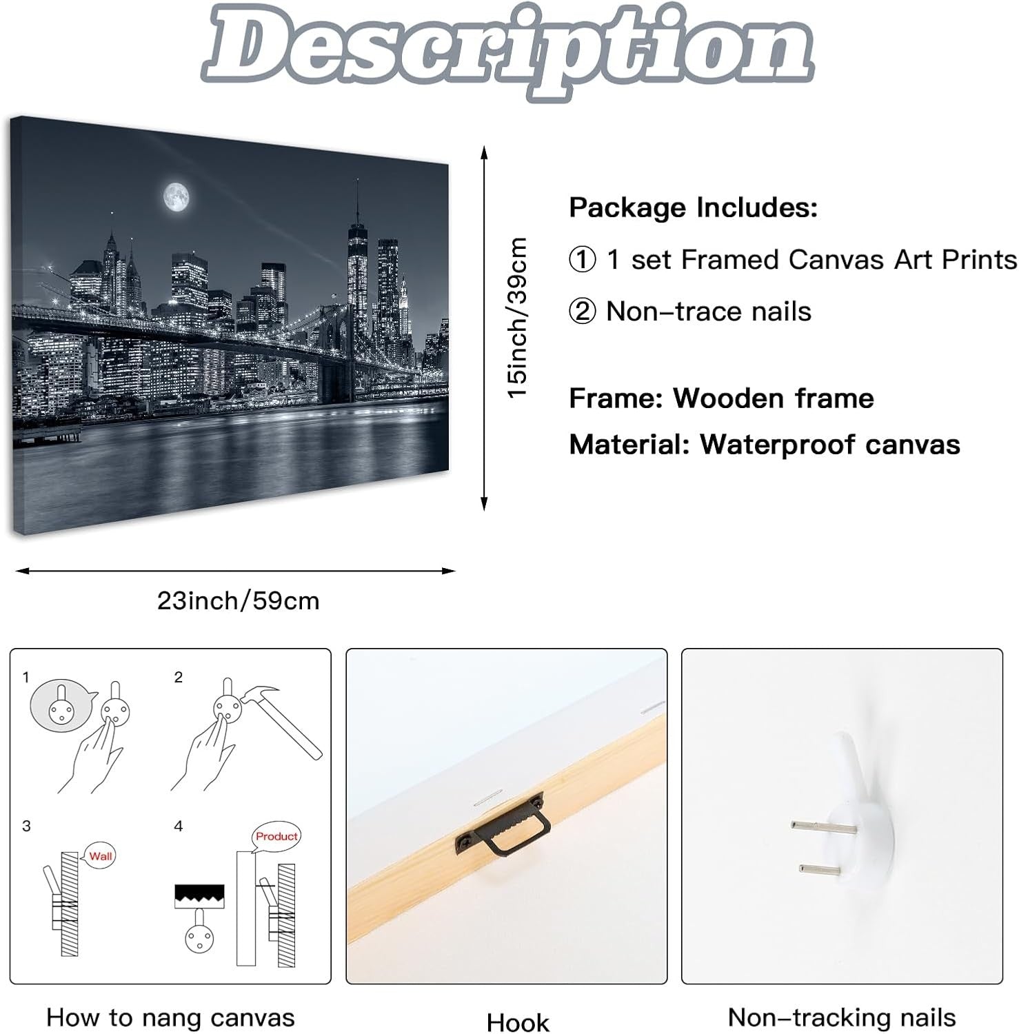 Black White Cityscape Canvas Wall Art Framed Modern Urban Night Decor