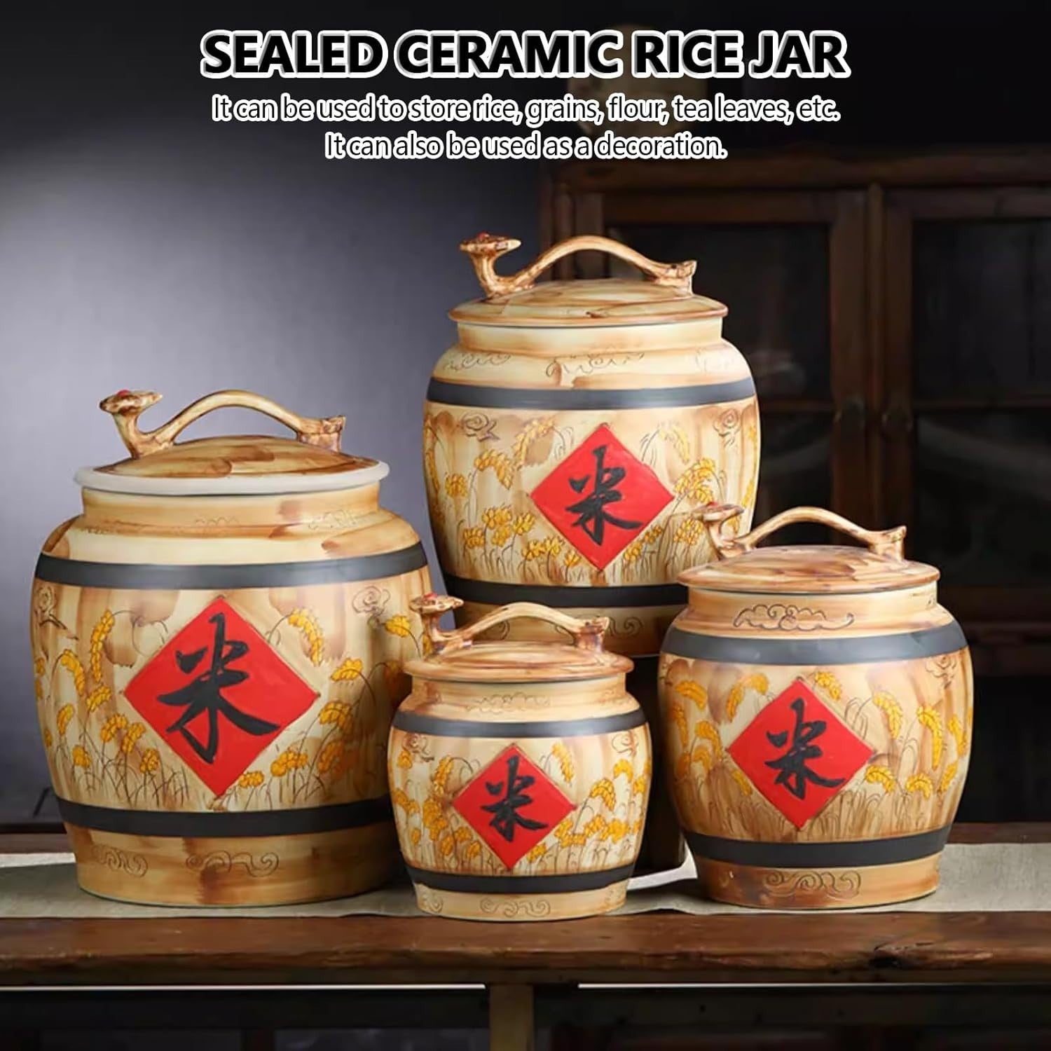 15KG Ceramic Rice Storage Jar Airtight Grain Container with Lid