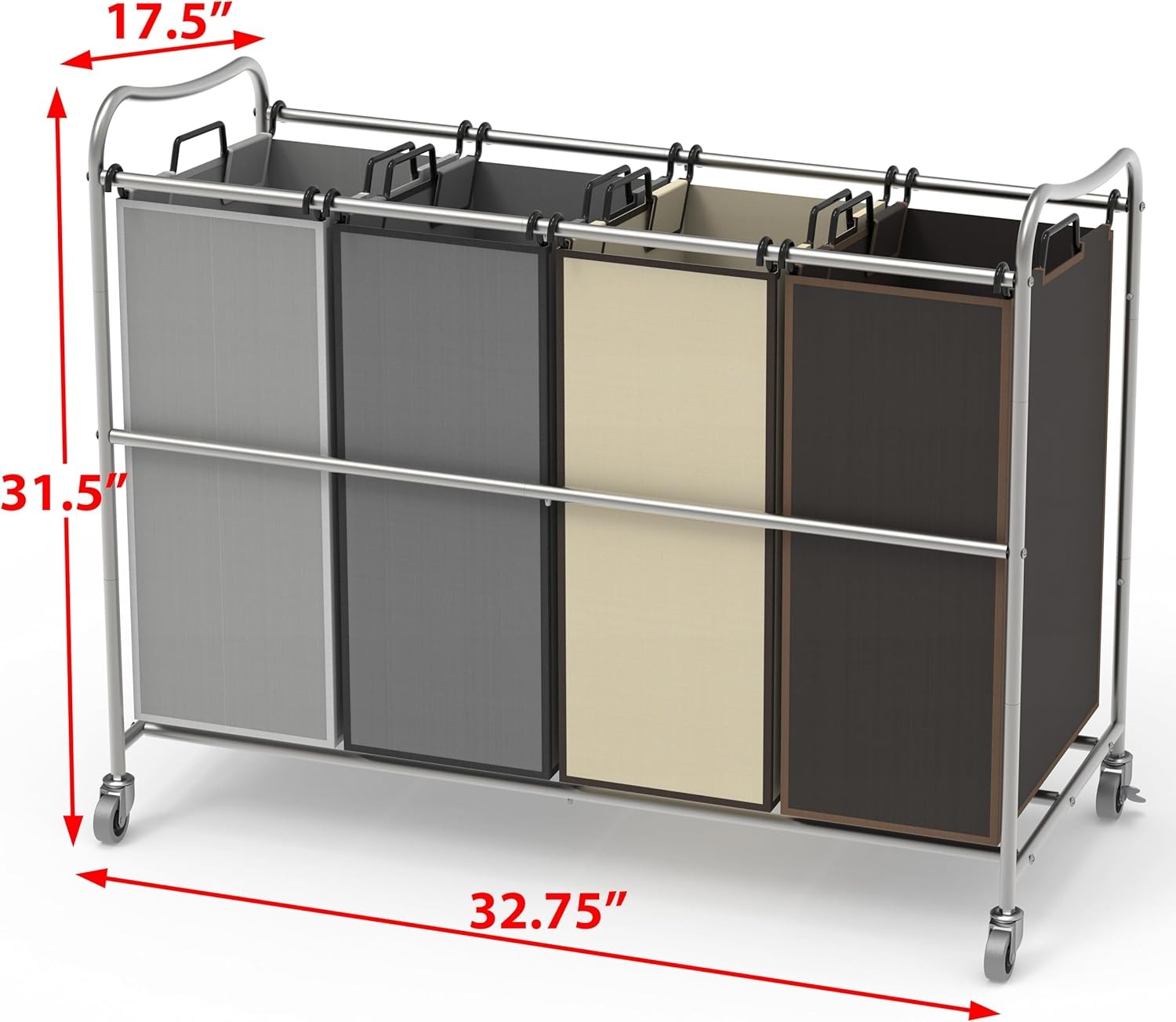4 Bag Heavy Duty Laundry Sorter Cart with Wheels Organiser Hampers Silver