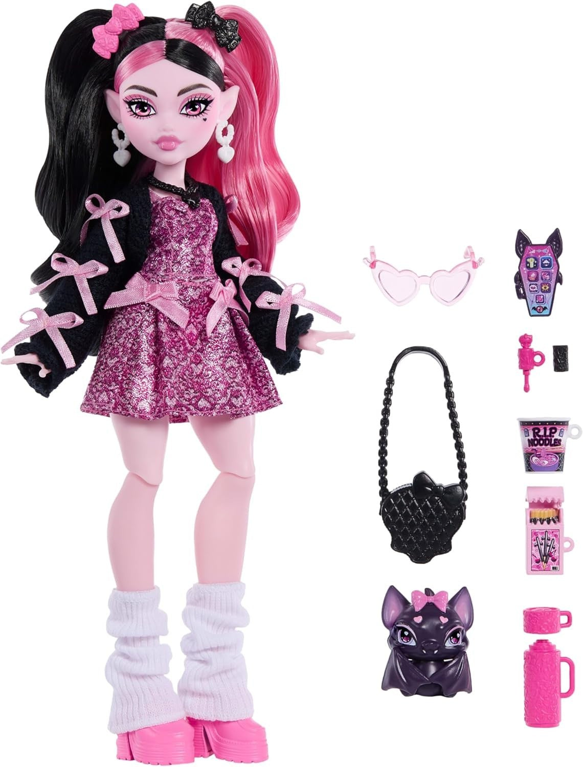Pink Bow Fashion Doll with Pet Bat 7 Accessories Cute Outfit