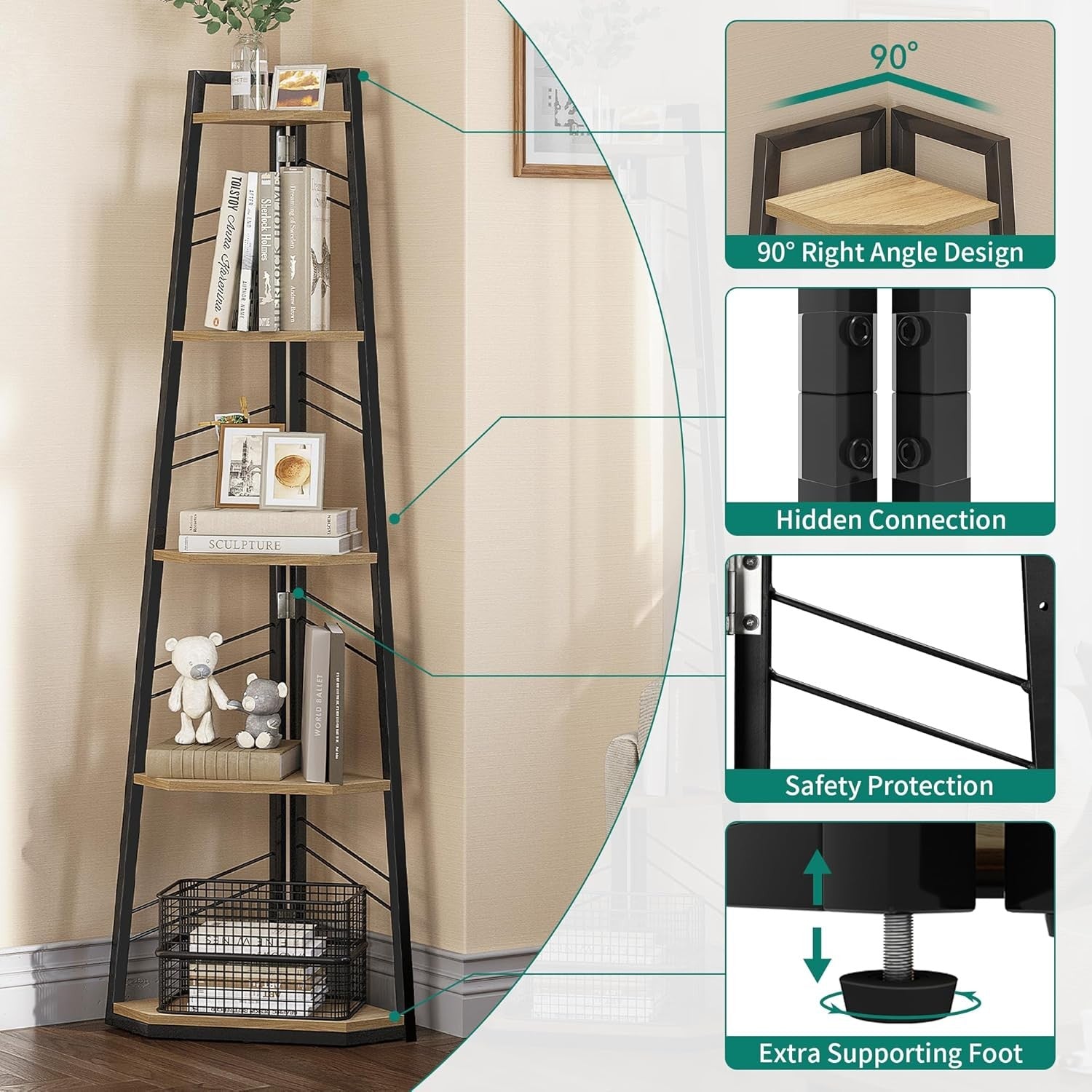 5-Tier Corner Bookshelf Industrial Ladder Shelf Tall Slim Display Unit for Home