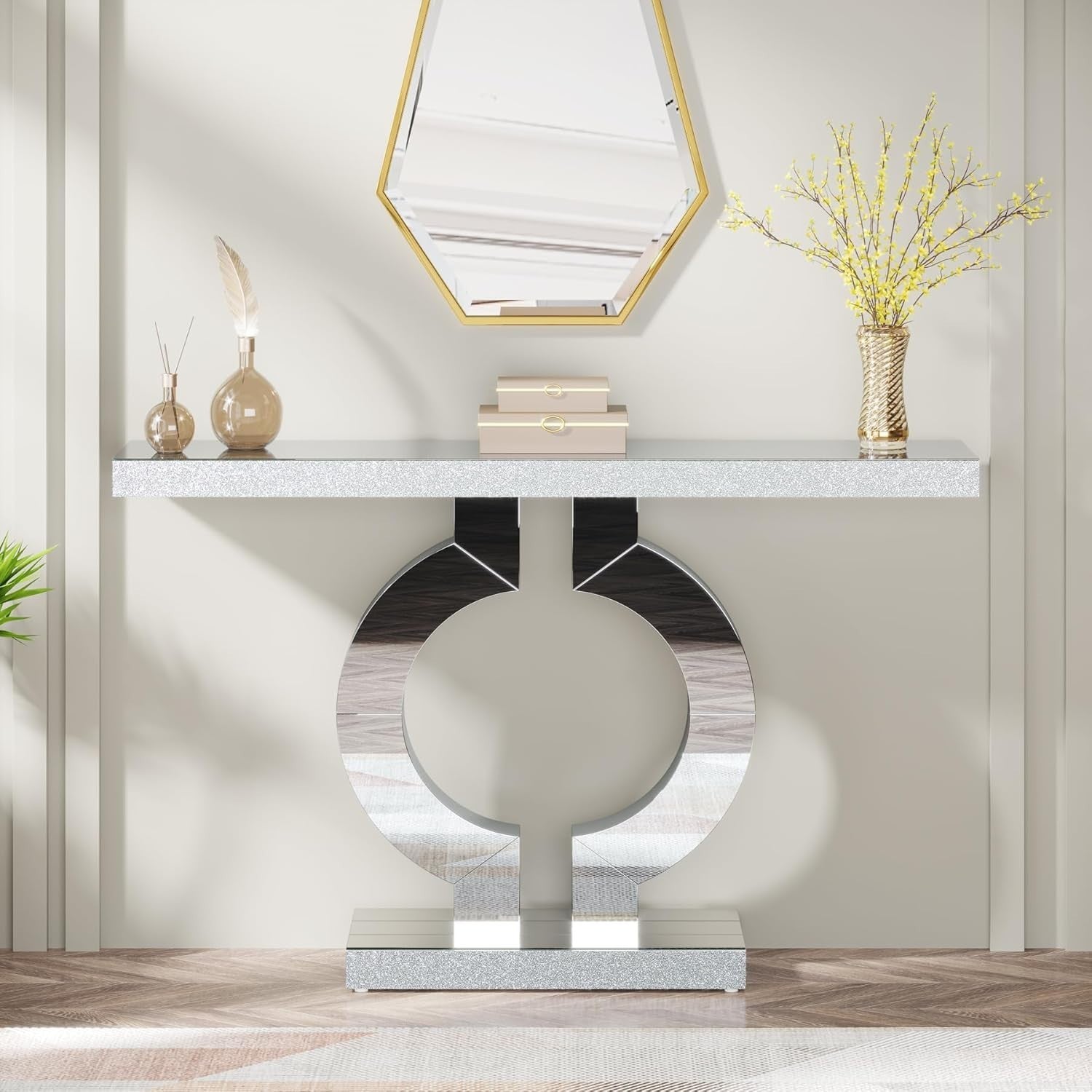 Modern Mirrored Console Table 110cm, Elegant Glass Display for Hallway