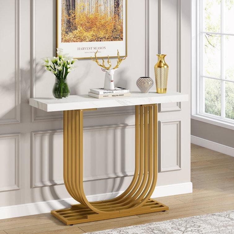 Modern Faux Marble Console Table with Gold Base – 39" Entryway Accent
