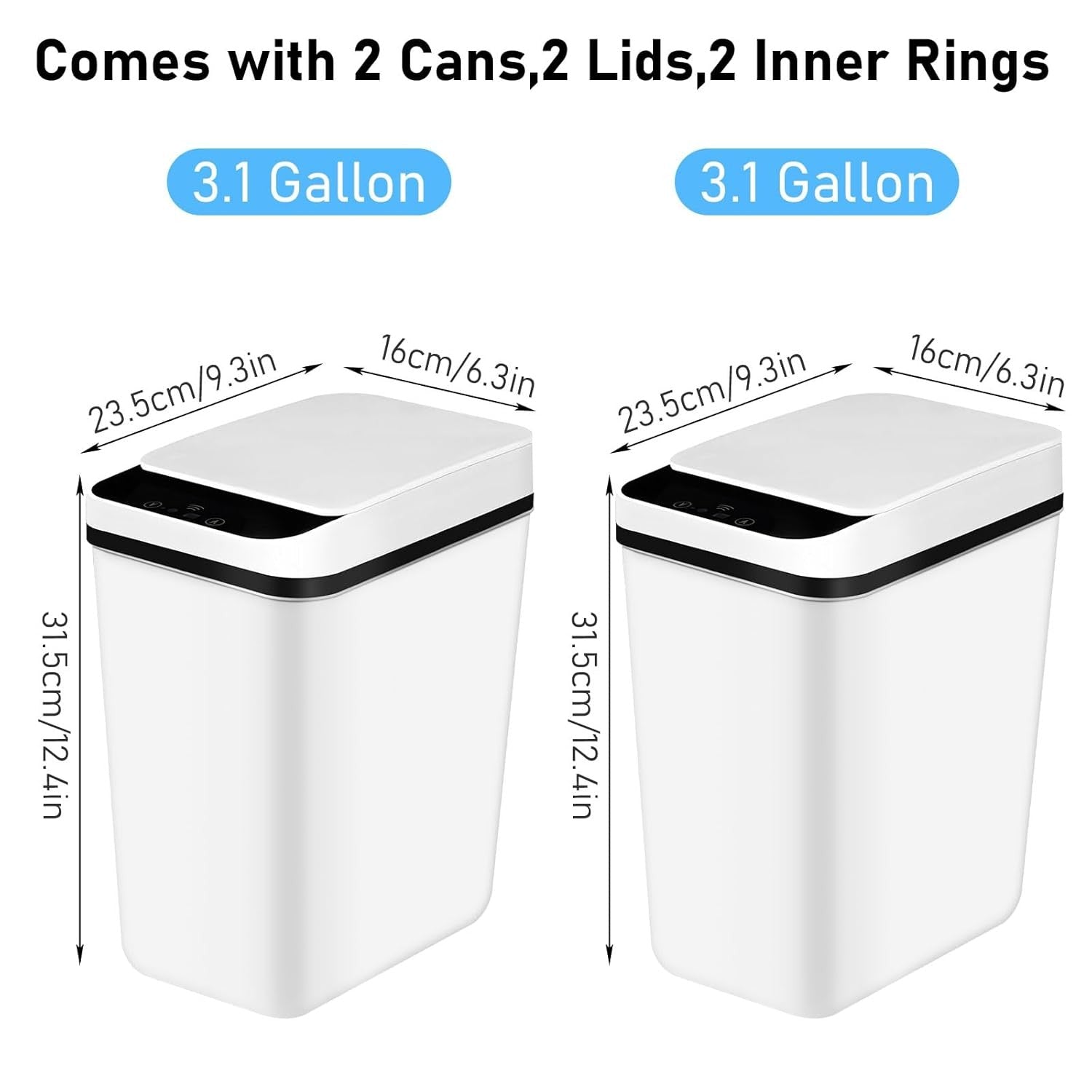 2-Pack Touchless Bathroom Trash Can | 3.1Gallon Sensor Bin White