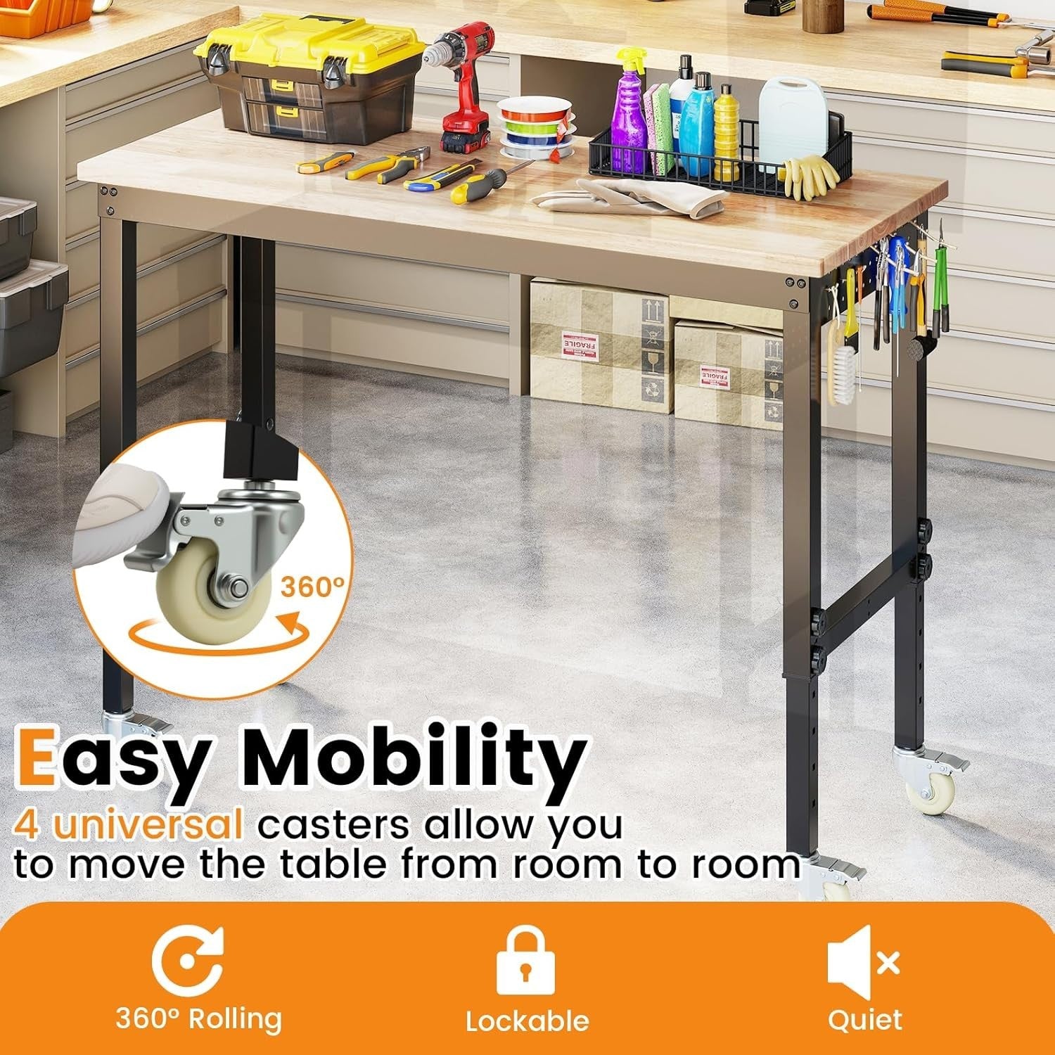 Height Adjustable Workbench 122x51cm Rolling Table 4-Level Rubberwood Top