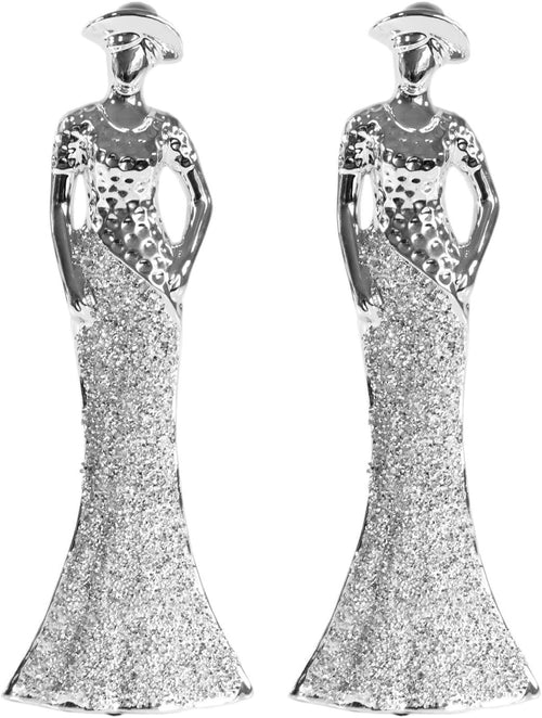 Elegant Silver Lady Figurine Set • Crushed Diamond Art Deco Ornaments