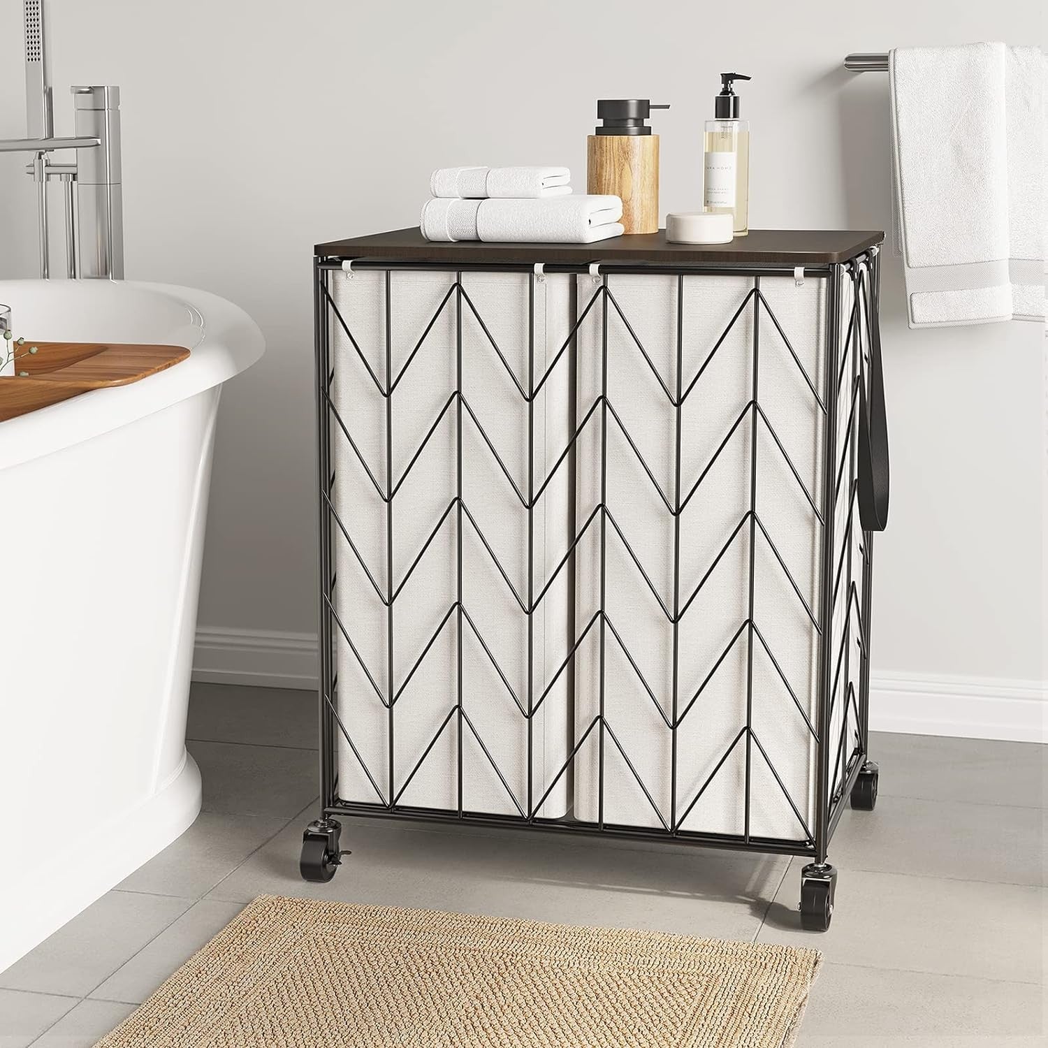 115L Laundry Hamper Beige with Wheels Wood Lid Heavy Duty Basket Removable Bag