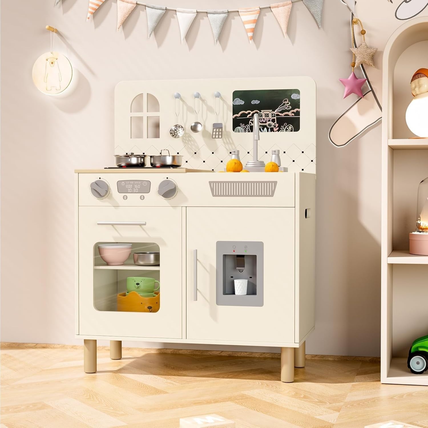 Kids Wooden Play Kitchen w/ Lights Sounds Chalkboard Cream Toy