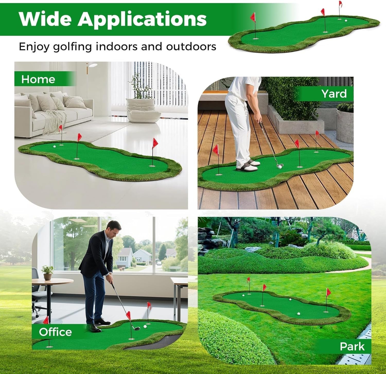 10FT Golf Putting Green Mat Indoor Outdoor Practice w/ 3 Holes & Balls