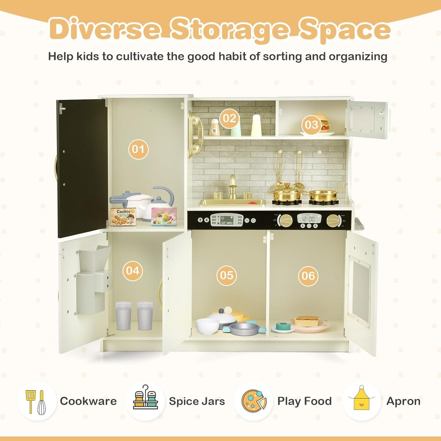 Wooden Kids Play Kitchen Beige w/ Chalkboard Ice Maker Microwave