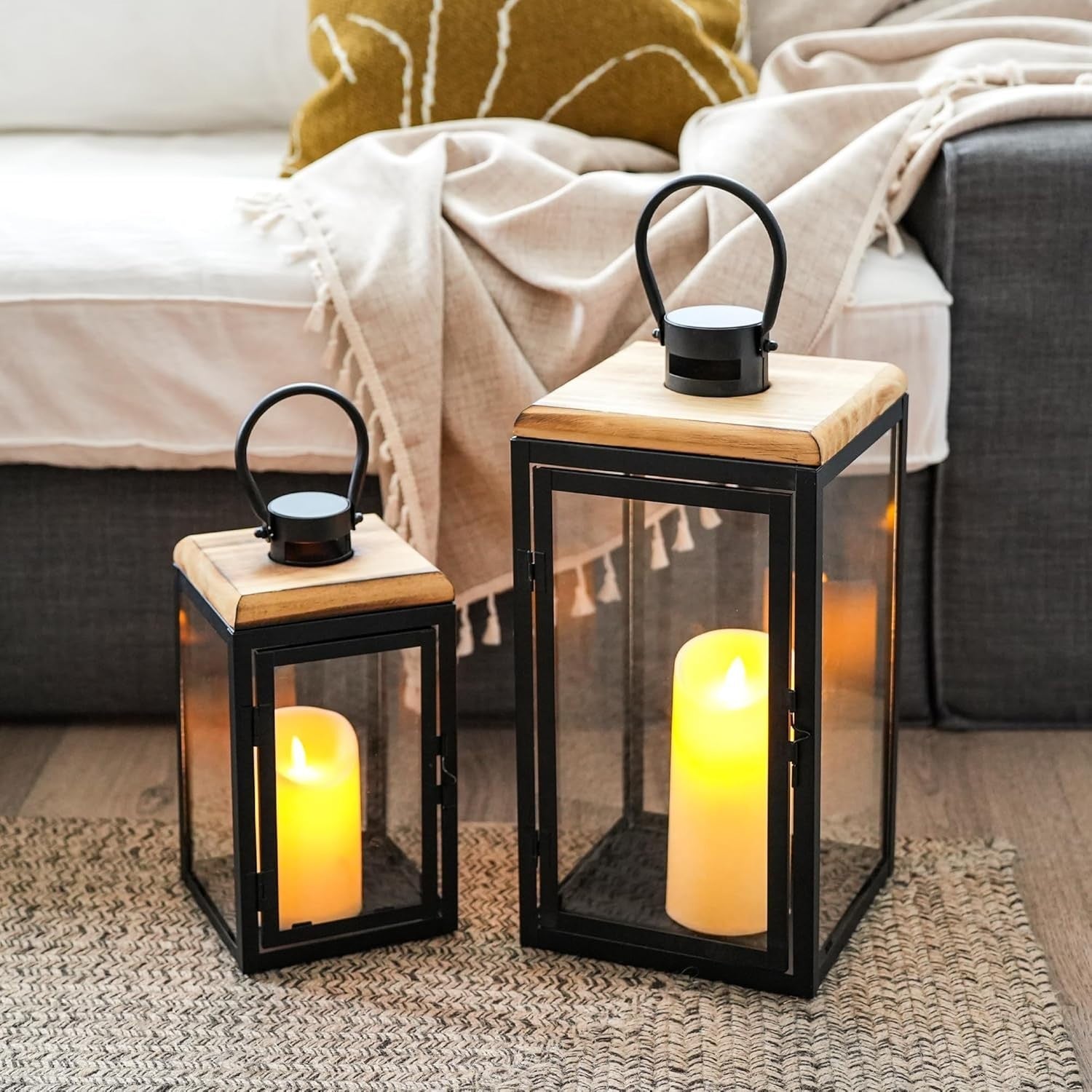 Set of 2 Large Black Metal Candle Lanterns Home Decor