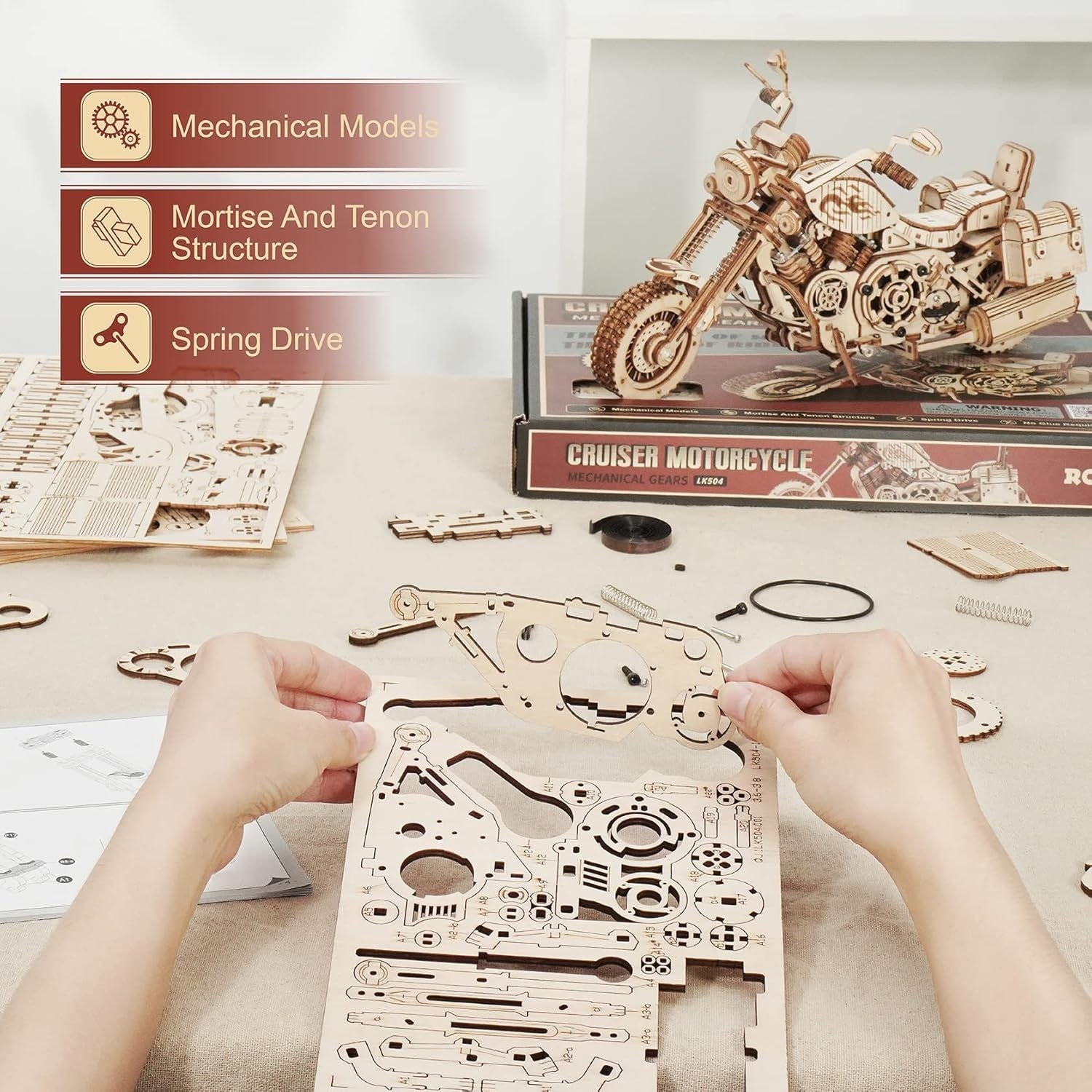 3D Wooden Motorcycle Puzzle Model Kit | Mechanical Moving Parts & Desk Decor
