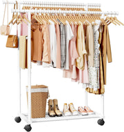 Double Rod Clothes Rail with Shelf & Wheels – White 150cm